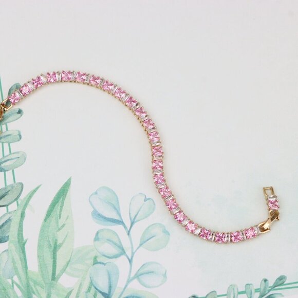 "Rose Gold Tennis Bracelet with Pink Square CZ Stones, Elegant Design, XPBL0740 - Picture 3 of 12